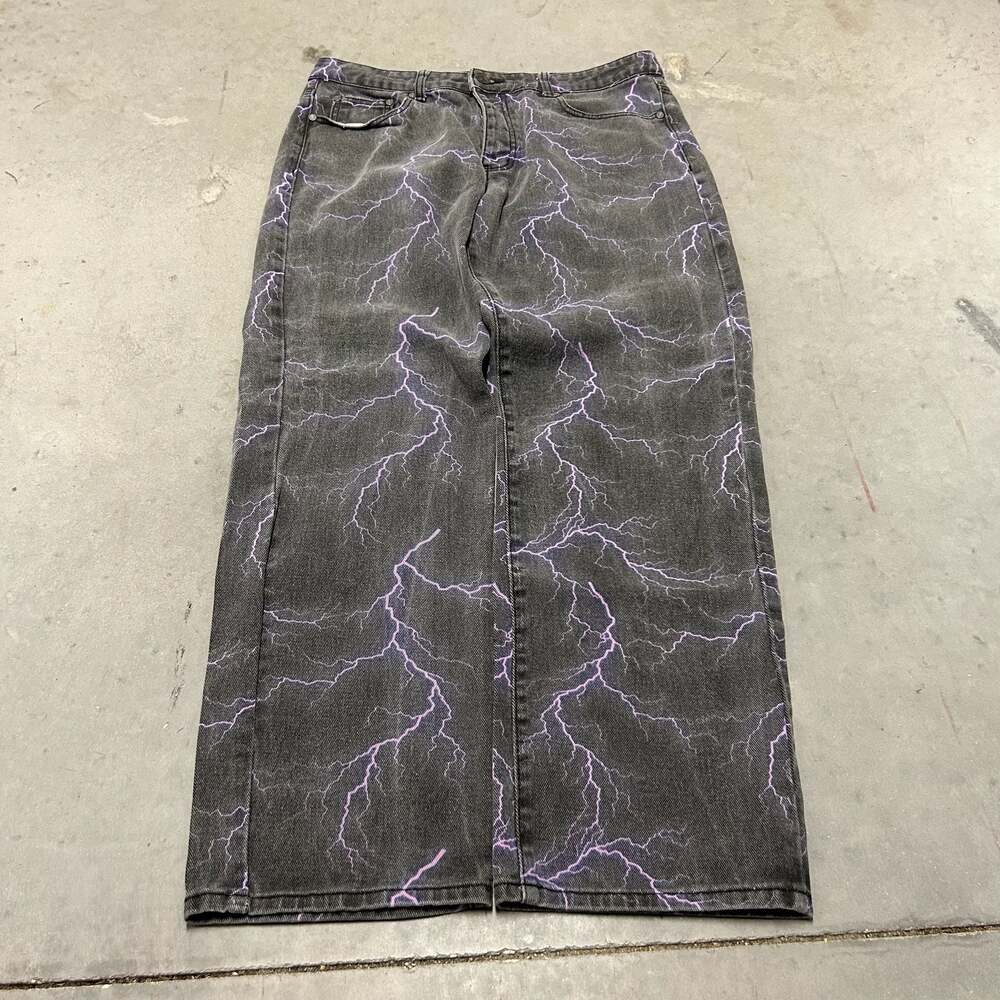 boohooMAN Relaxed Fit Purple Lightning Printed Jeans